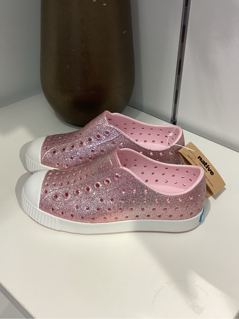 Native Kids Glitter Slip-On Sneakers in Pink and White